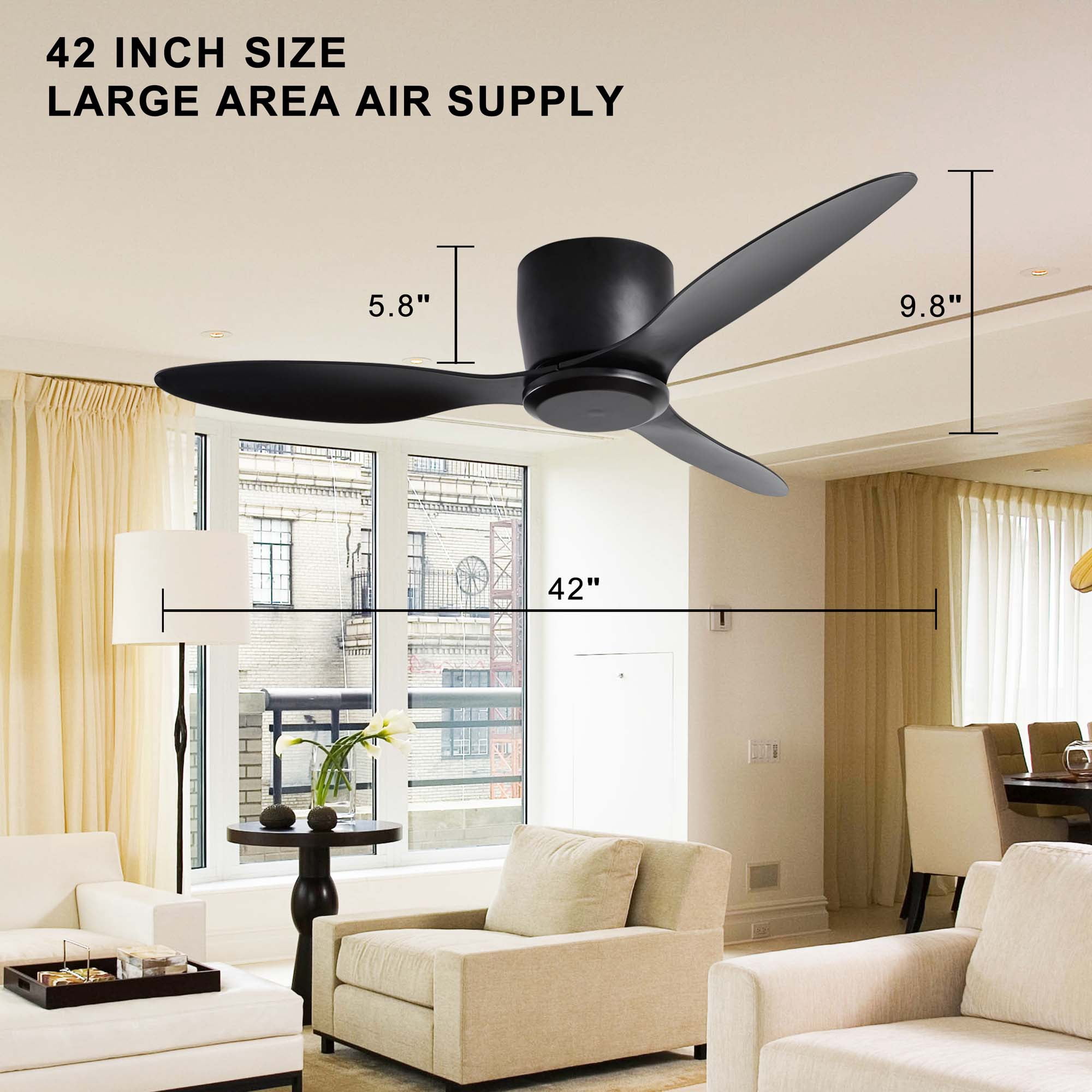 Miniyam 42" Flush Mount Ceiling Fan without Light, 3 Reversible Blades, with 6 Speeds Reversible DC Motor, Low Profile Ceiling Fan for Living Room Kitchen Bedroom