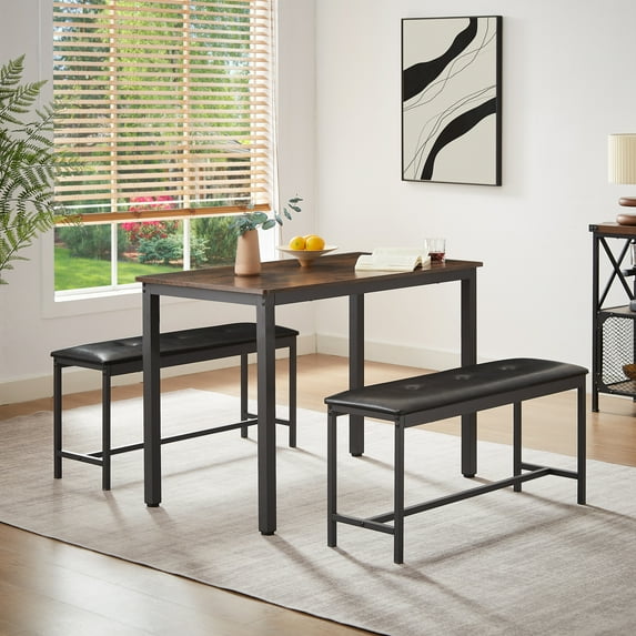 Miniyam 43" Dining Table Set for 4, 3-Piece Kitchen Table with 2 Upholstered PU Benches, Modern Space Saving & Heavy Duty Dinner Table Set with Metal Frame, Black