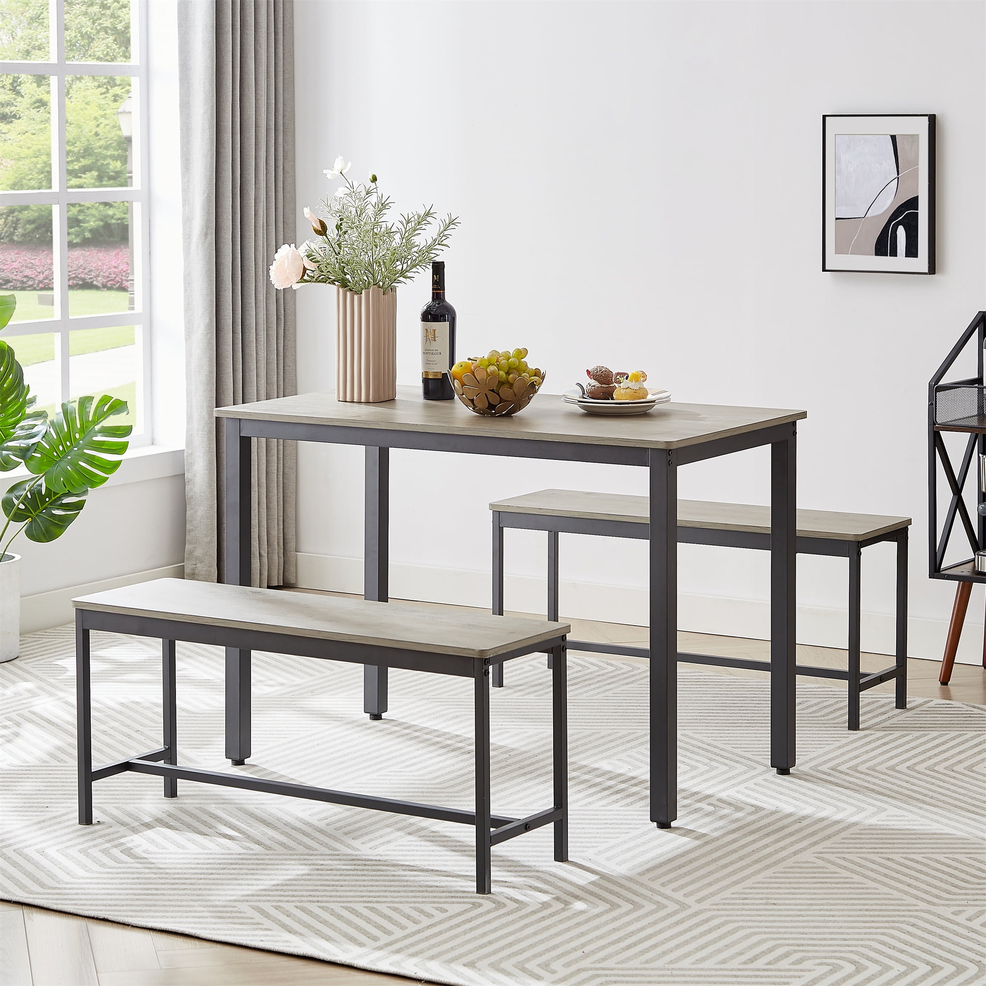 Miniyam 43 inch Dining Table Set for 4 3 Piece Kitchen Table with 2 Benches Modern Space Saving Heavy Duty Dinner Table Set with Metal Frame Gray