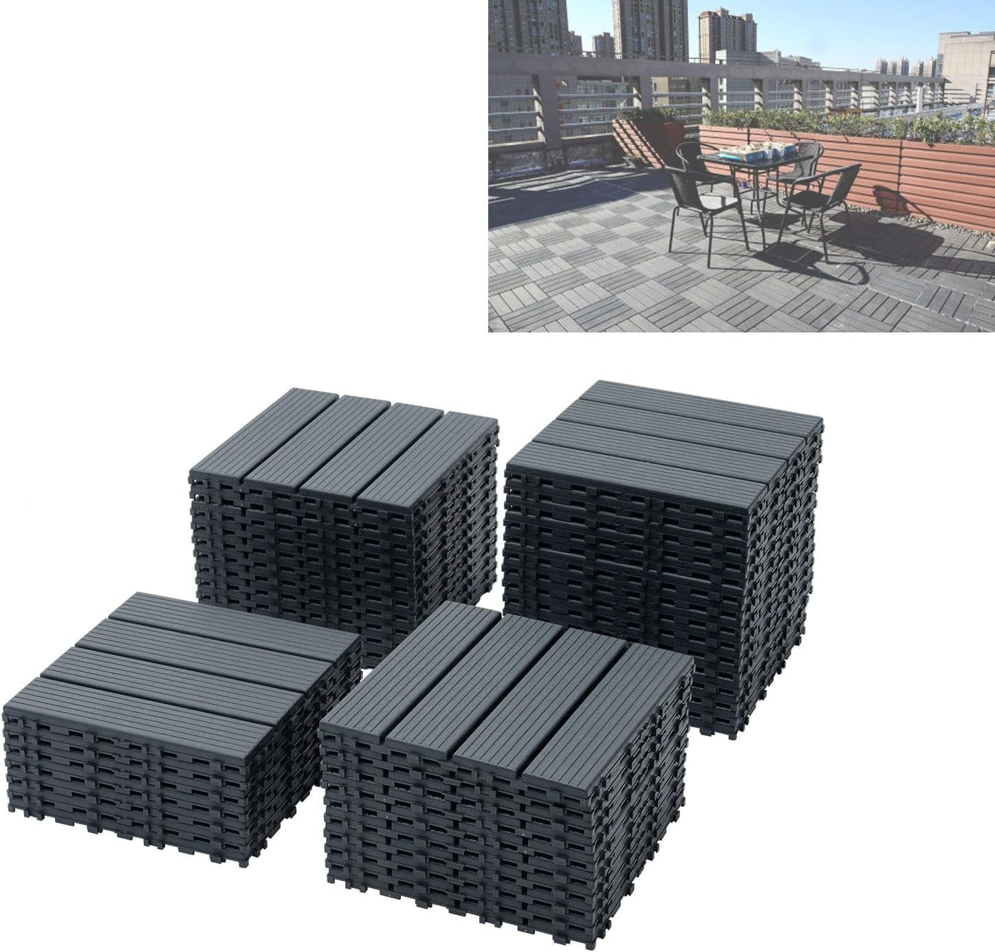 Miniyam 44-Pack Square 11.8"x11.8" Waterproof Deck Tiles, All-Weather, for Porch, Poolside, Gray(Small Straight line)