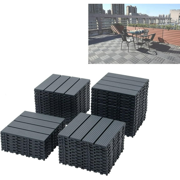 Miniyam 44-Pack Square 11.8"x11.8" Waterproof Deck Tiles, All-Weather, for Porch, Poolside, Gray(Small Straight line)