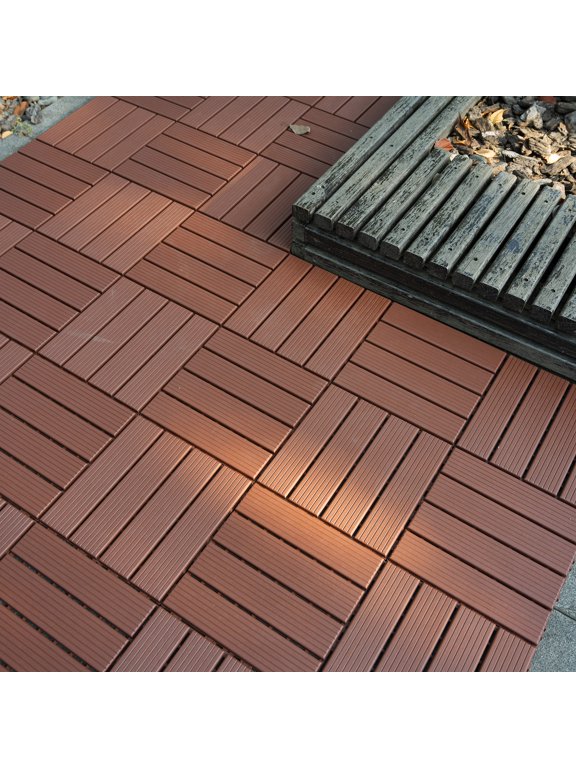 44 Pcs Interlocking Deck Tiles, 12" x 12", Polypropylene, for Outdoor Balcony Garden Brown