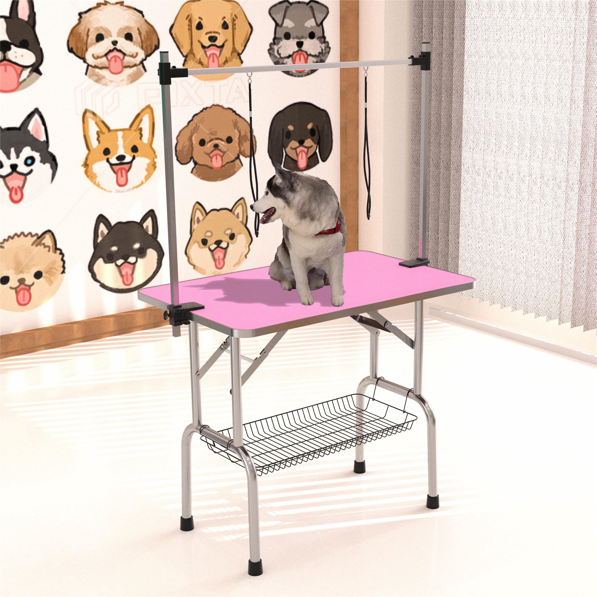 Miniyam 46" Folding Dog Pet Grooming Table, Weight Capacity: 300lbs, Pink