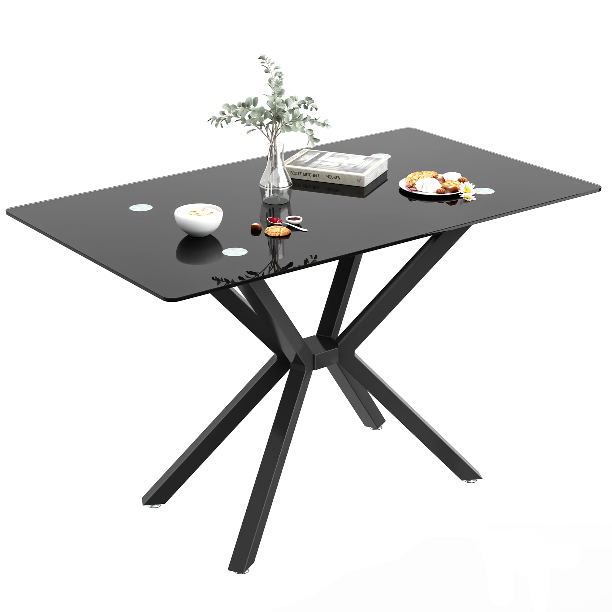 Miniyam 47" Modern Glass Dining Table for 4, Rectangular Tempered Glass Top with Metal Legs, Black