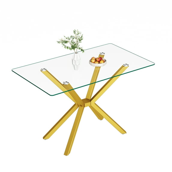 Miniyam 47" Modern Glass Dining Table for 4, Rectangular Tempered Glass Top with Metal Legs, Gold