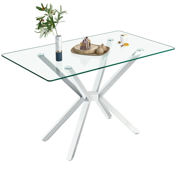 Miniyam 47" Modern Glass Dining Table for 4, Rectangular Tempered Glass Top with Metal Legs, Silver