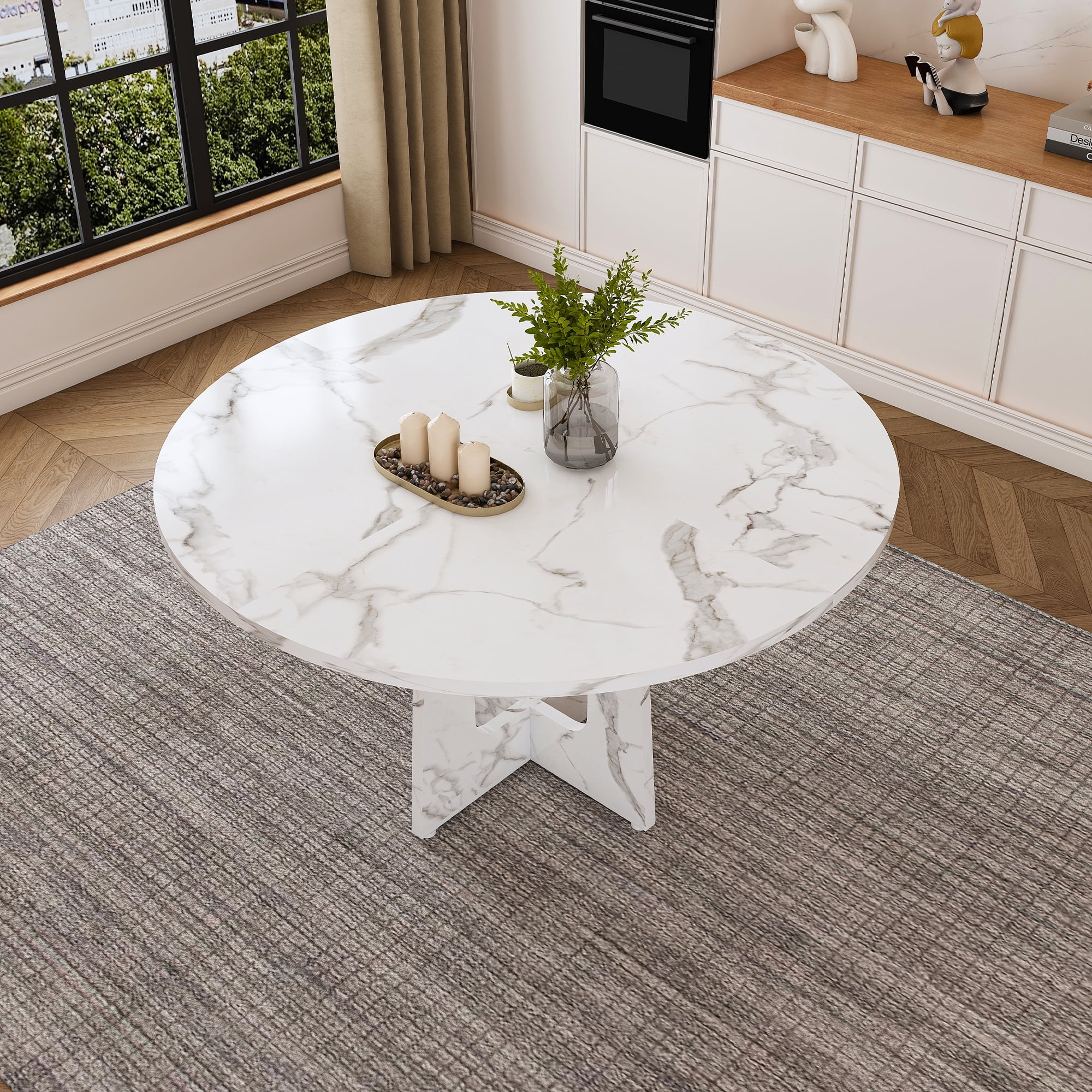 Miniyam 47" Round Dining Table for 4-6 People, Modern Pedestal Base White Marble Look MDF Dining Room Table for Kitchen, Apartment