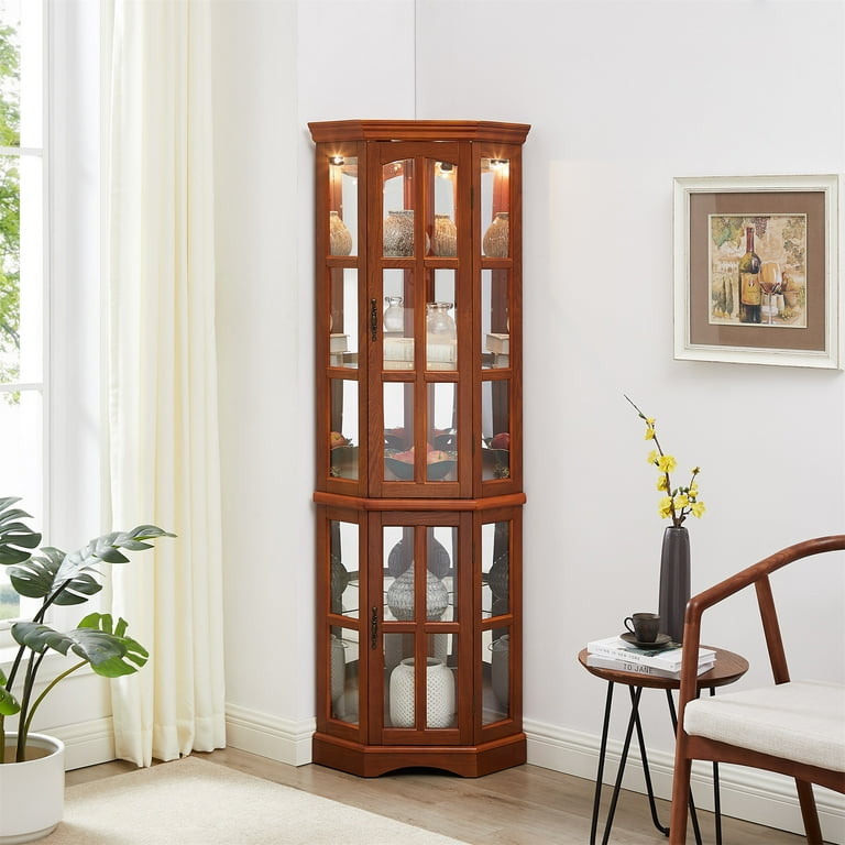 Oak corner display cabinet with light discount