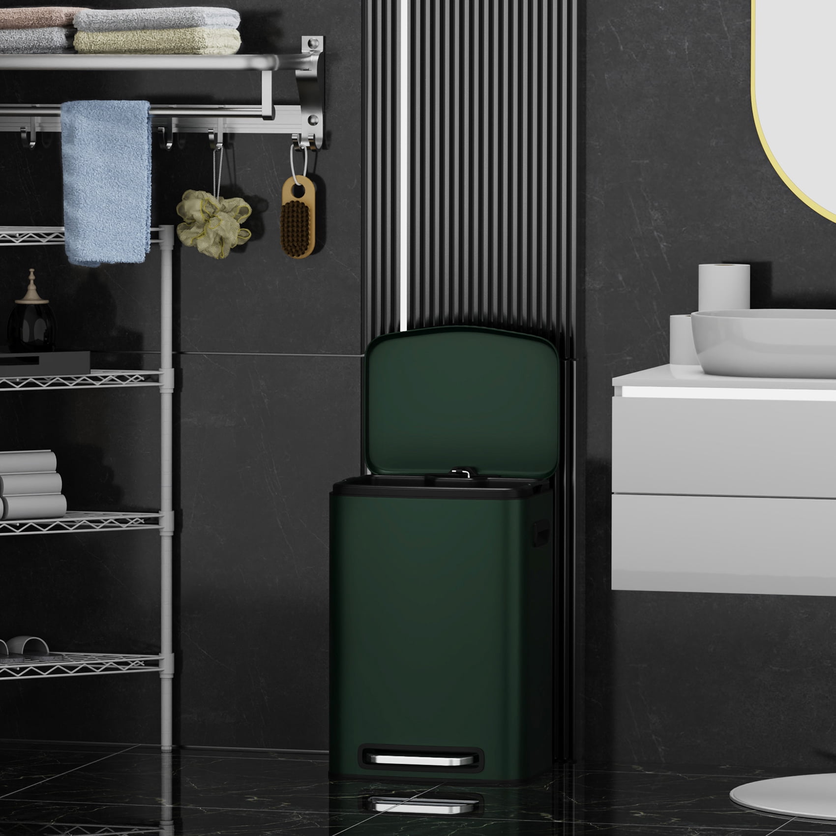 Miniyam 50L/13Gal Hands-Free Stainless Steel Trash Can with Foot Pedal, Fingerprint-Resistant Soft Close Lid Garbage Can, Green