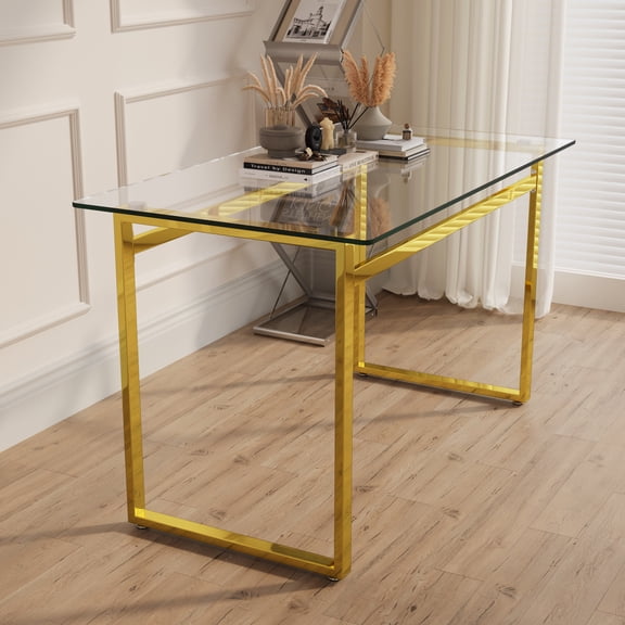 Miniyam 51" Modern Rectangular Glass Dining Table with Tempered Glass Top and Metal Frame, 4-6 Person Kitchen Dining Room Table, Gold