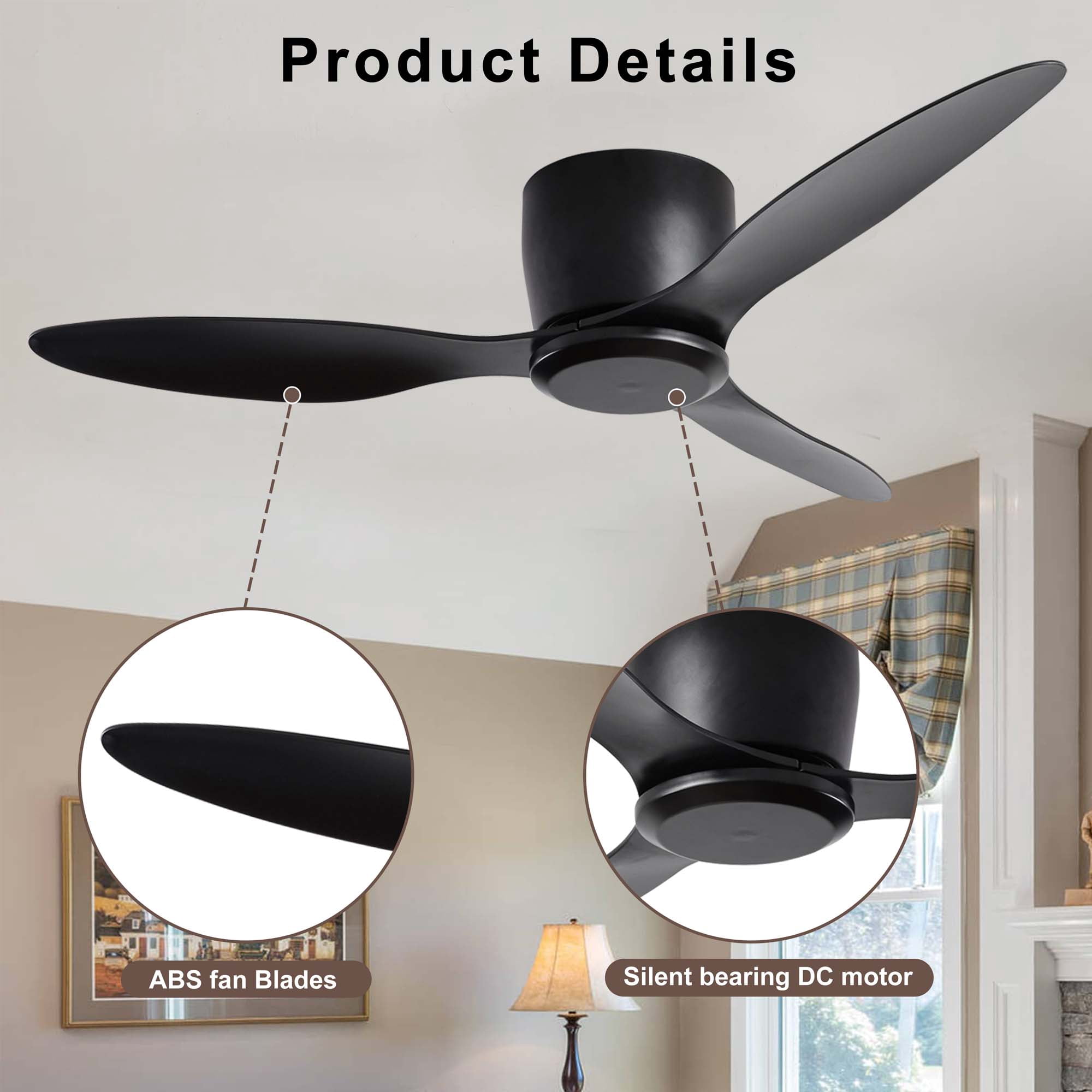 Miniyam 52" Flush Mount Ceiling Fan without light, 3 Reversible Blades, with 6 Speeds DC Motor, Low Profile Ceiling Fan for Living Room Bedroom Indoor
