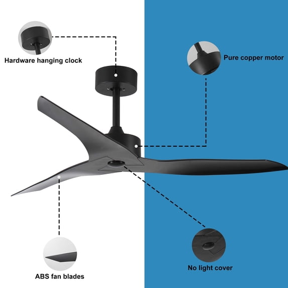 Miniyam 52" Outdoor Black Ceiling Fan Without Light with Remote Control, 3 ABS Blades Farmhouse Ceiling Fan 6-Speed Reversible DC Motor Modern Ceiling Fan for Living Room, Bedroom, Kitchen