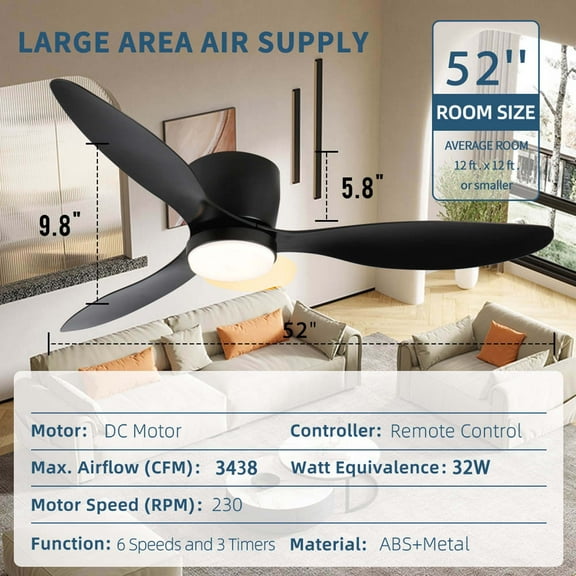 Miniyam 52" Smart Flush Mount Black Ceiling Fan with Light Remote, Quiet DC Motor, Outdoor Indoor Low Profile Ceiling Fan, Control with WIFI Alexa App, Dimmable, ABS Blades