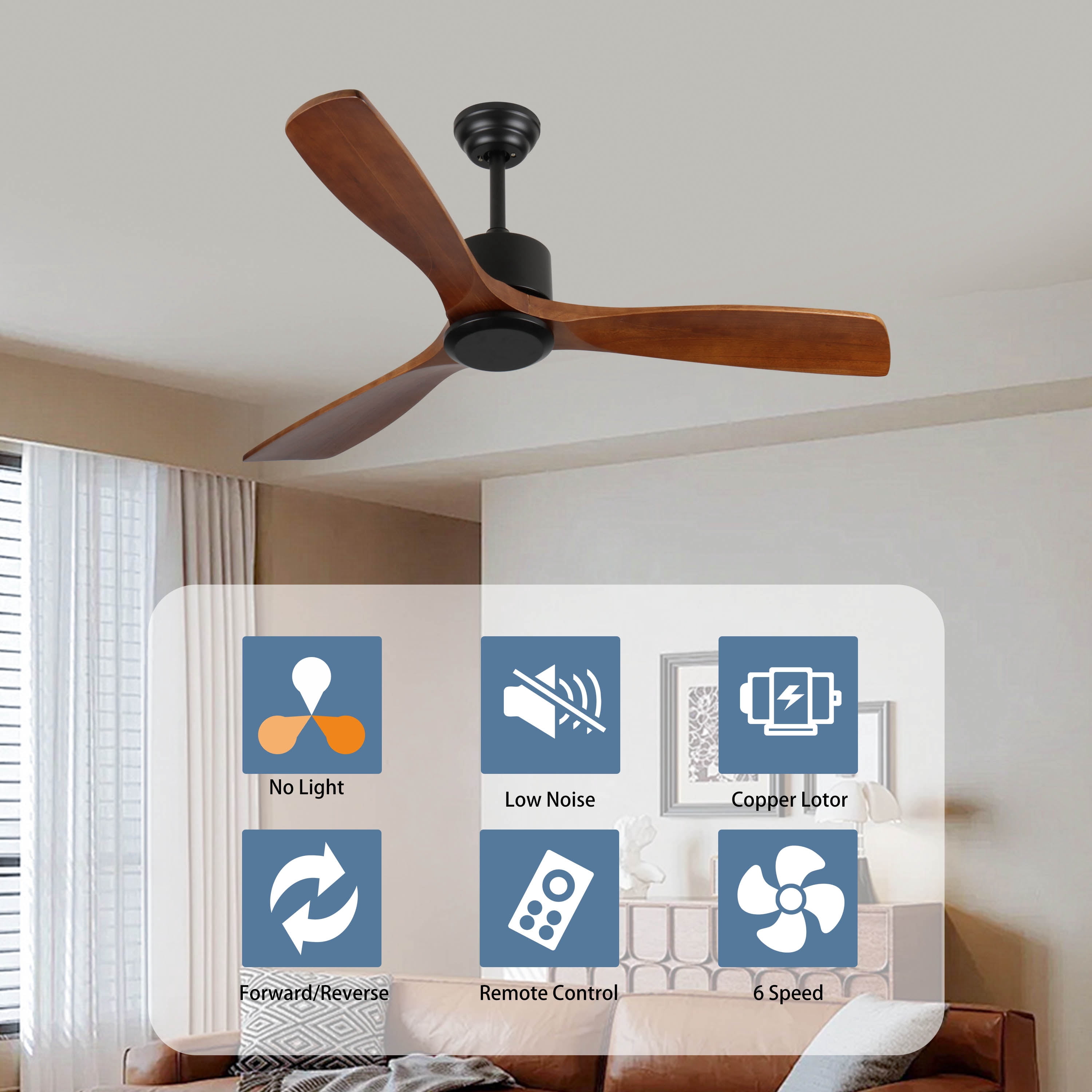 Miniyam 52" Wood Ceiling Fan NO Light, 3 Reversible Blades, with 6 Speeds Reversible DC Motor,Low Profile Ceiling Fan with No Light for Living Room Kitchen Bedroom