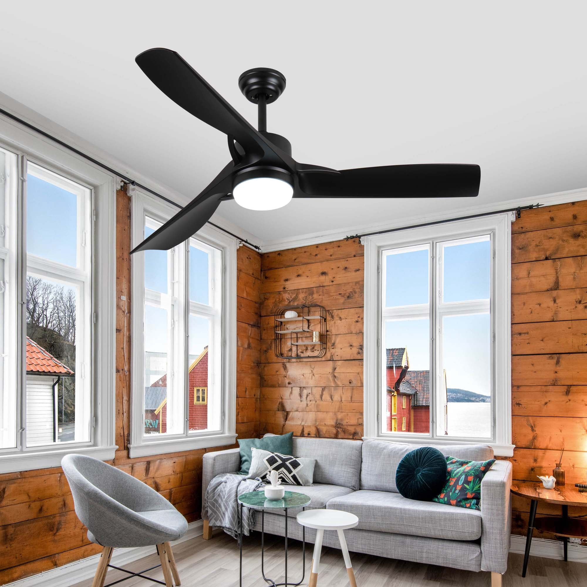 Miniyam 52 inch Black Ceiling Fan with Light, Ceiling Fan with 3 Reversible Blades, 2 Downrods, 6-Speed Remote Control