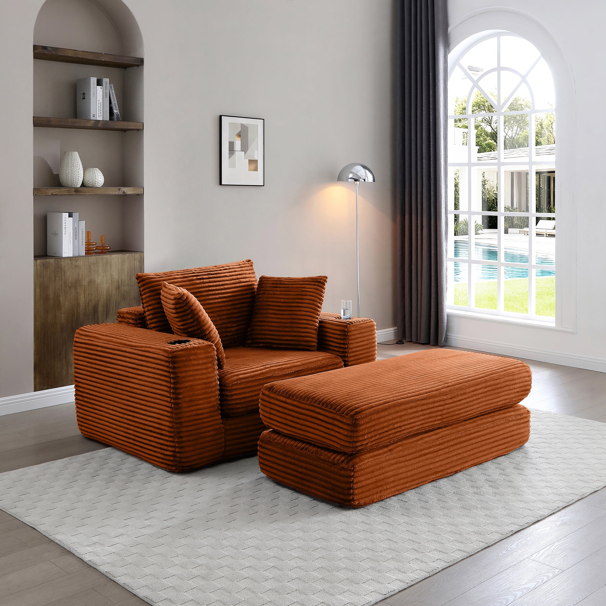 Miniyam 52" x 61" Foldable Sofa Bed and Ottoman Combo – Apartment Sleeper, Boneless Design, Cup Holders (Orange)