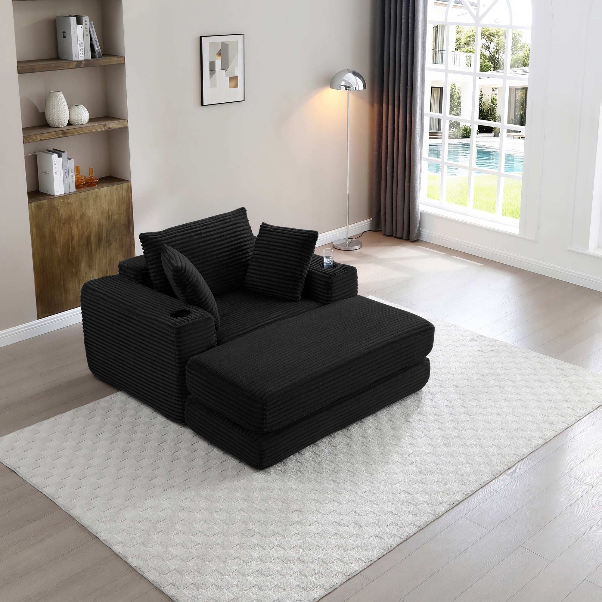Miniyam 52" x 61" Modular Sleeper Sofa & Ottoman 2-Piece Set – Converts to Bed, No-Spring Boneless Design, Cup Holders (Black)