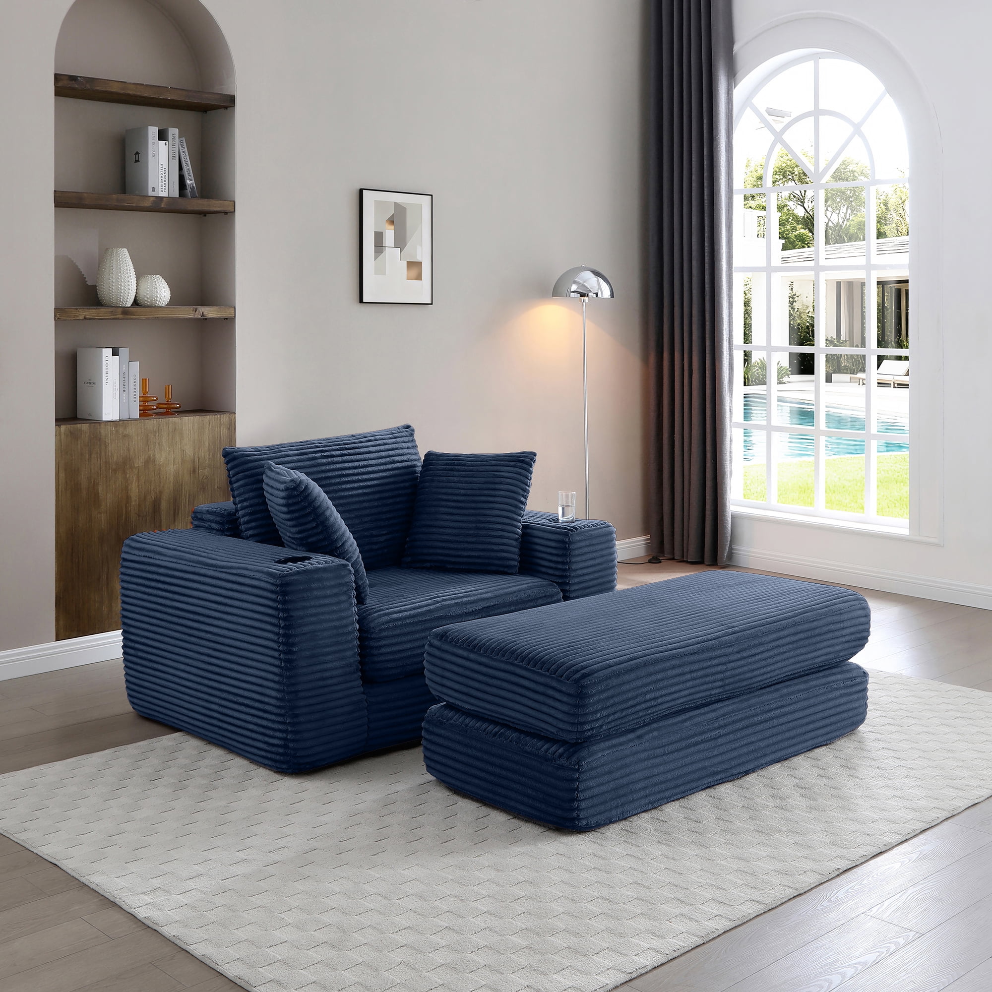 Miniyam 52″ x 61″ No-Spring Boneless Convertible Sofa with Ottoman – 3-Way Sleeper, High-Resiliency Foam, Armrest Cup Holders (Blue)