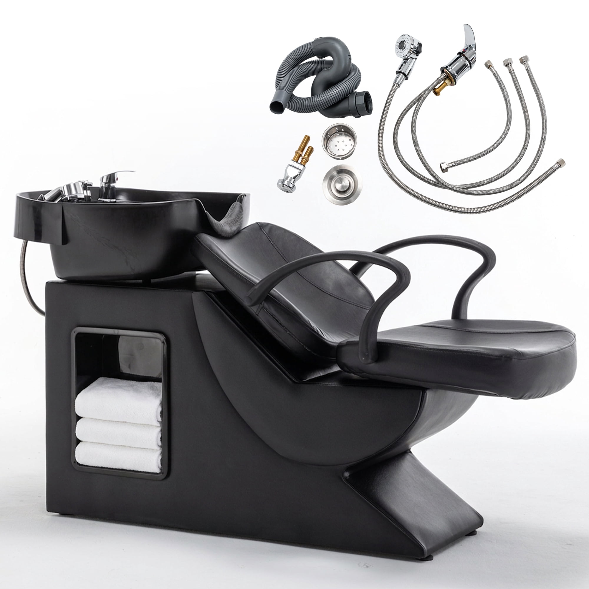 Miniyam 53.5" x 21.7" x 32" Shampoo Station with Chair – ABS Basin, PU Leather, Neck Rest, Side Storage, Hot/Cold Faucet & Sprayer – 300 lbs Capacity – Black for Salon Spa Barbershop