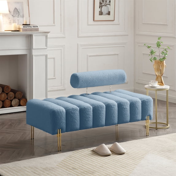 Miniyam 53" Sherpa Upholstered Bench with Adjustable Backrest and Gold Metal Legs, Blue