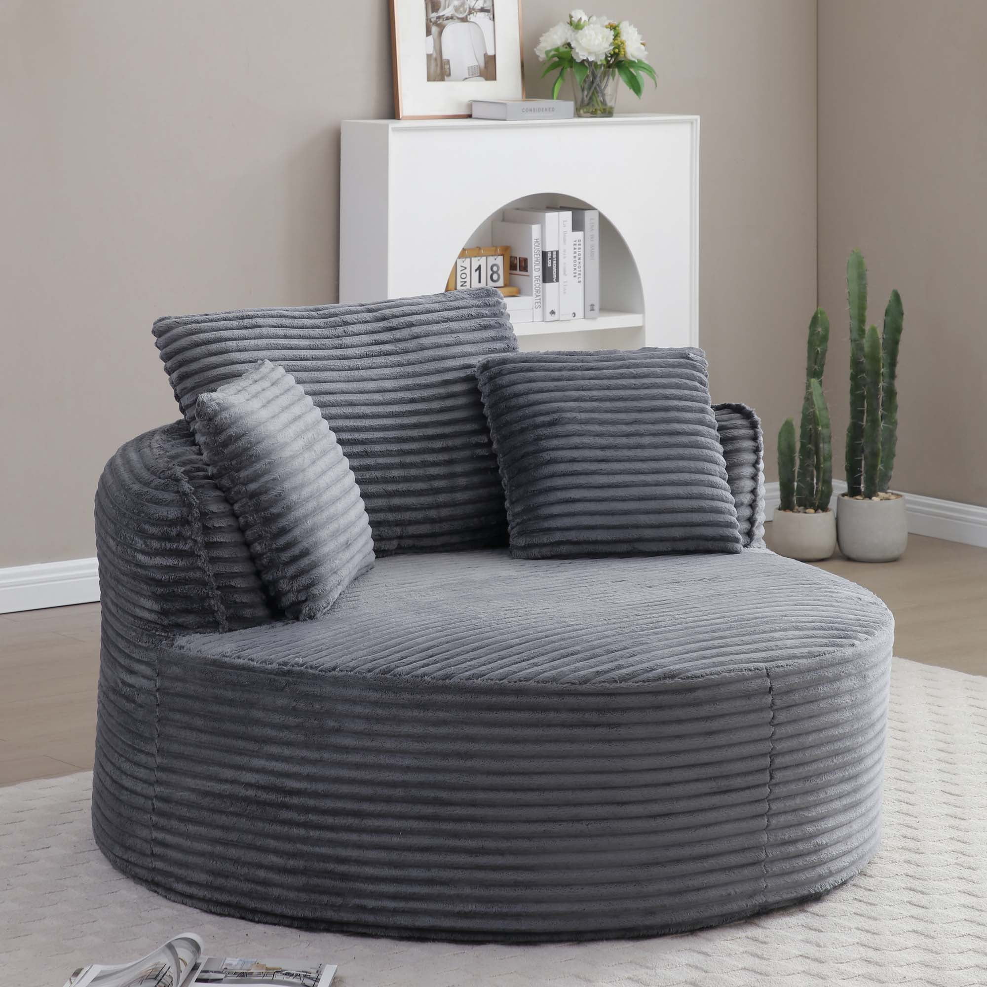 Miniyam 54" Corduroy Round Accent Chair, Boneless Design with Lumbar Support Pillows, Soft & Durable, Ready-to-Use(Grey)
