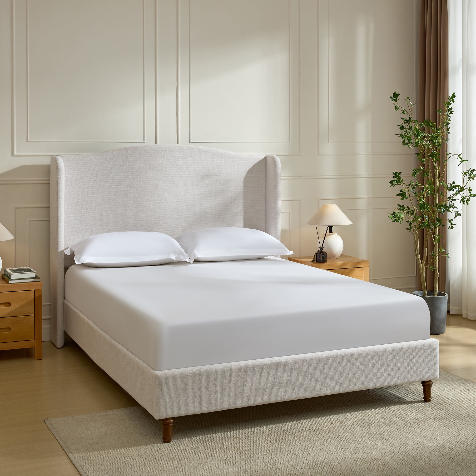Miniyam 54" High Queen Size Upholstered Bed with Wingback Headboard for Adult, Ivory White