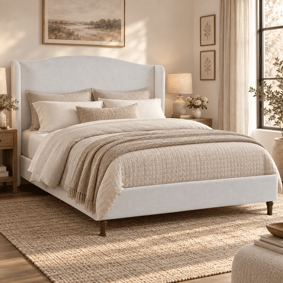 Miniyam 54" High Queen Size Upholstered Bed with Wingback Headboard for Adult, Ivory White