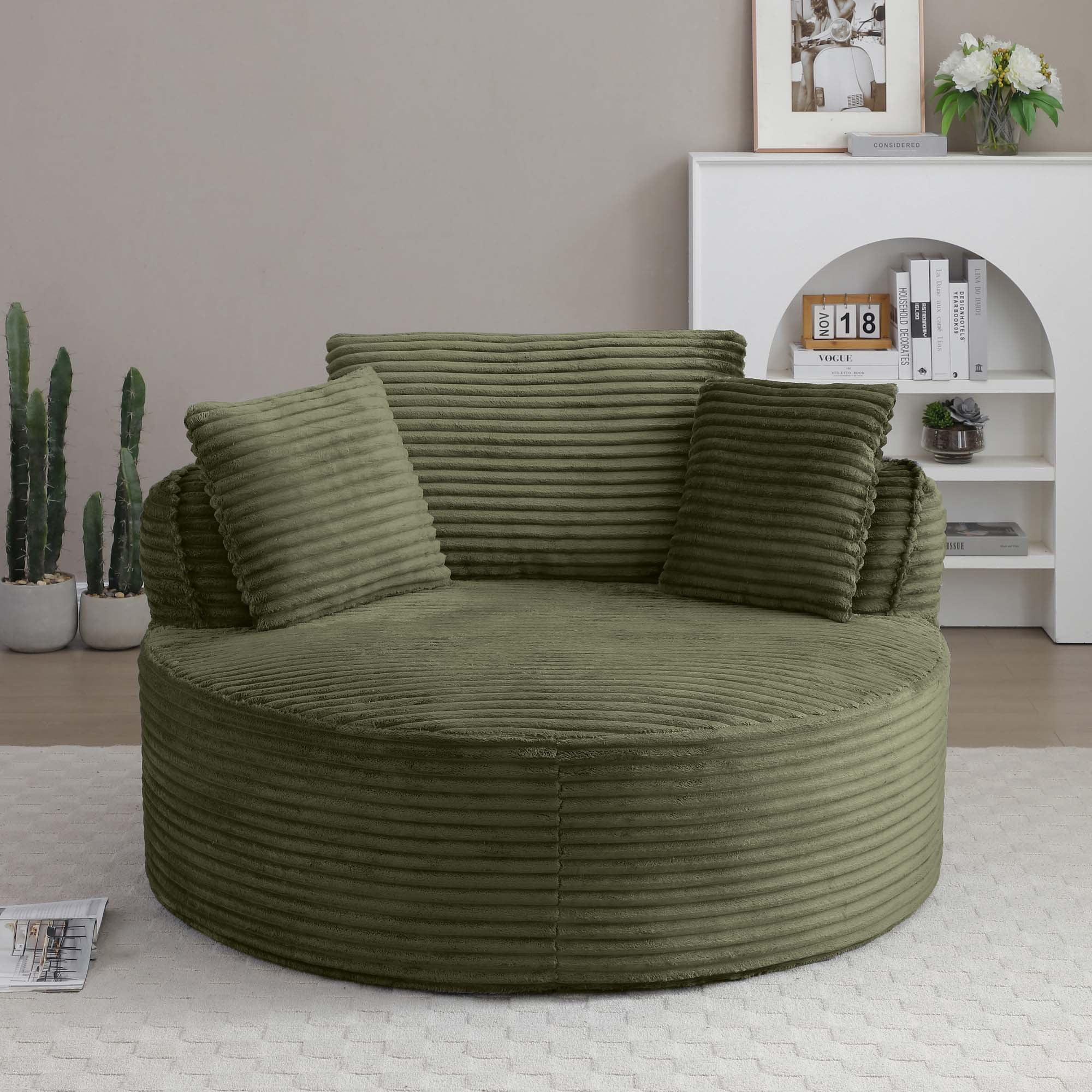 Miniyam 54" Ready-to-Use Accent Chair, No Setup Needed, Modern Round Design with Corduroy Upholstery and Support Pillows(Green)
