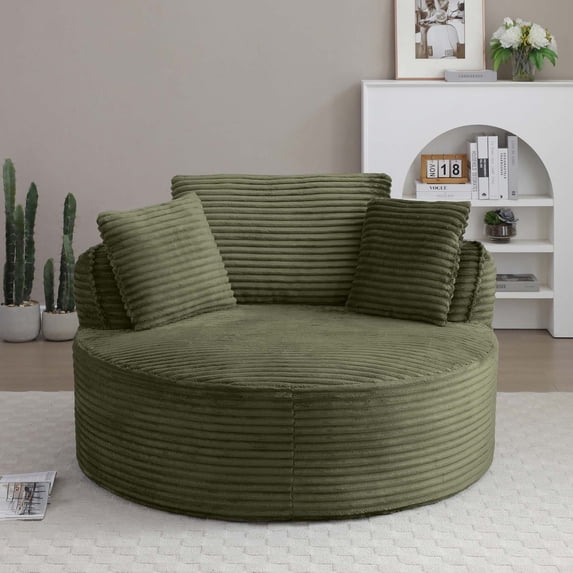 Miniyam 54" Ready-to-Use Accent Chair, No Setup Needed, Modern Round Design with Corduroy Upholstery and Support Pillows(Green)