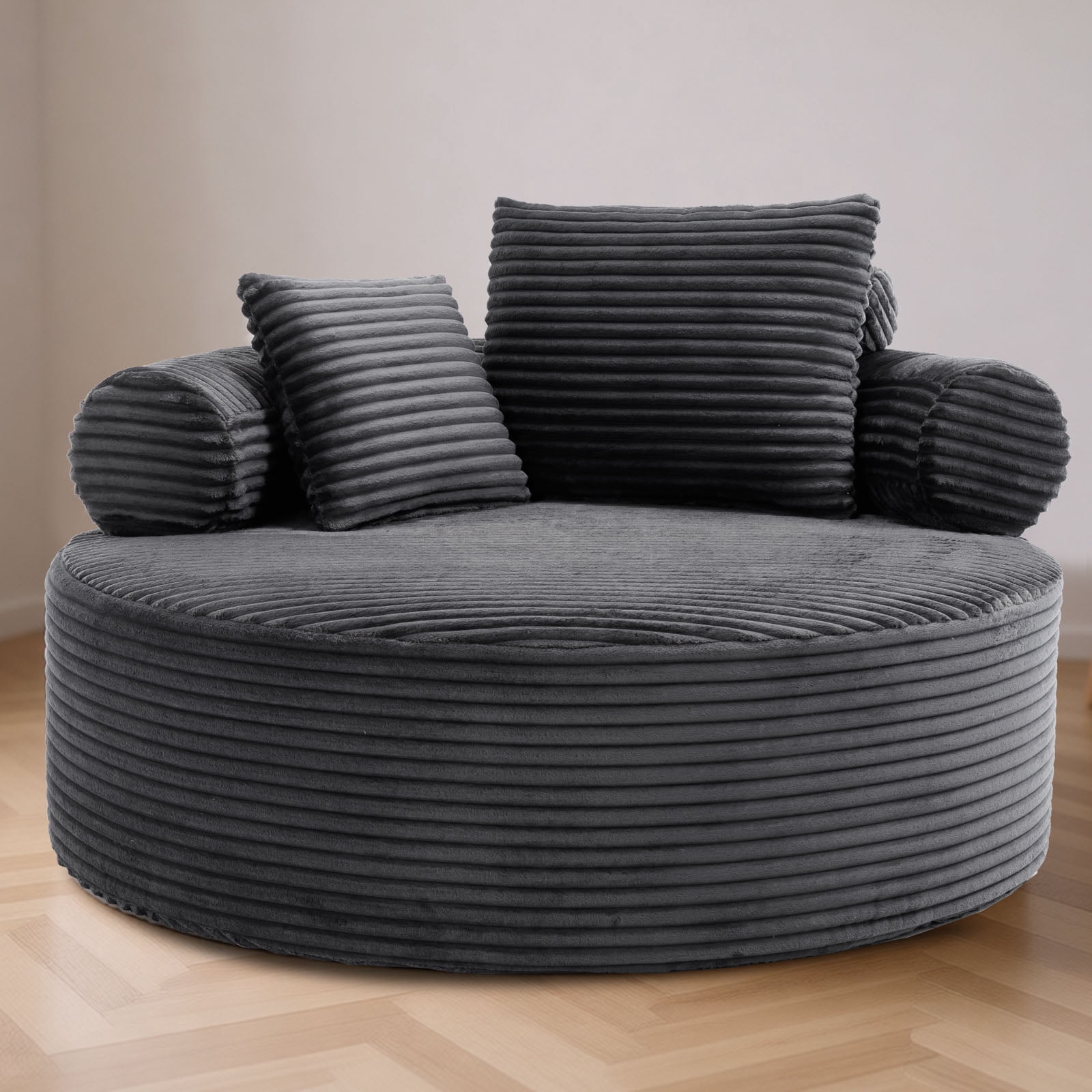 Miniyam 55.5" W Round Oversized Chaise Lounge Indoor Chair for Living Room, Cloud Couch with 3 Pillows, Dark Grey