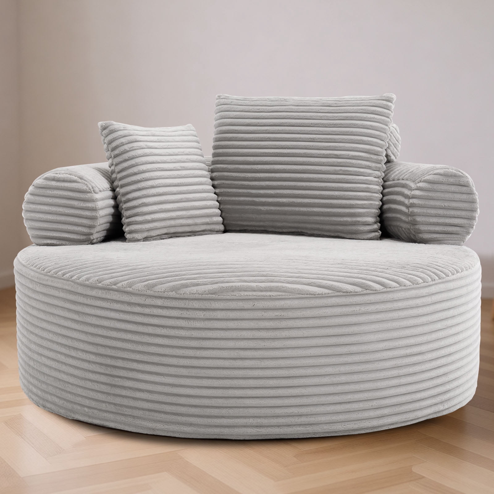 Miniyam 55.5" W Round Oversized Chaise Lounge Indoor for Living Room, Cloud Couch with 3 Pillows, No Assembly Required, Grey