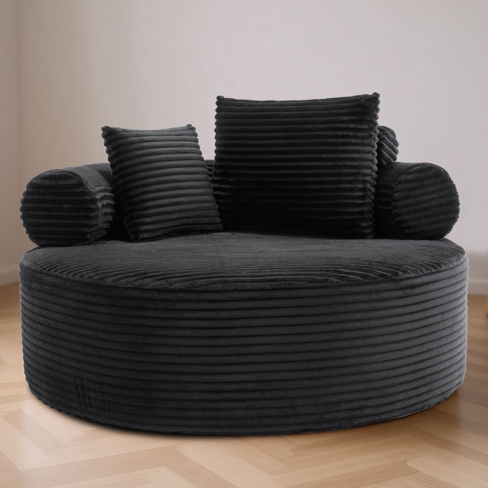 Miniyam 55.5" W Round Oversized Chaise Lounge Indoor with Memory Foam Sofa for Living Room, Cloud Couch with 3 Pillows, Black