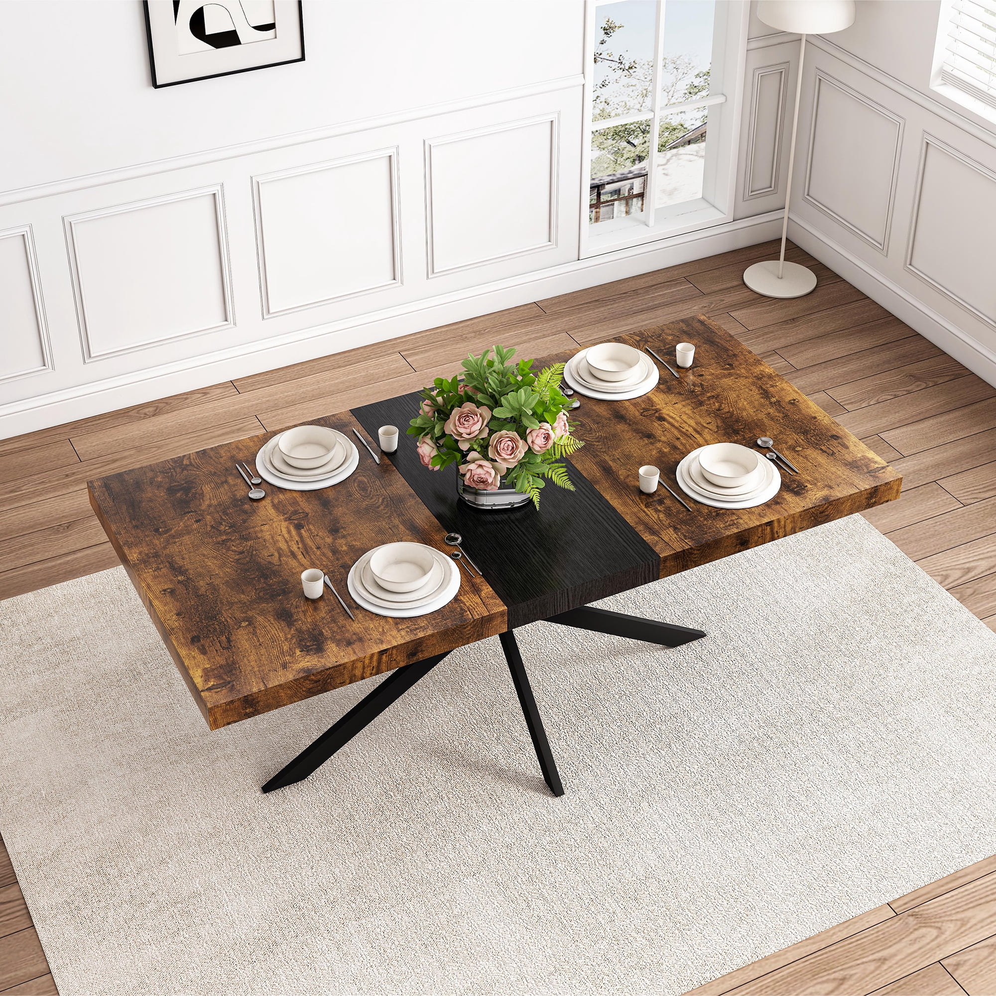 Miniyam 55"–70.8" Extendable Dining Table for 4–8, Durable MDF Tabletop with Rounded Corners and Heavy-Duty Metal Base, Brown