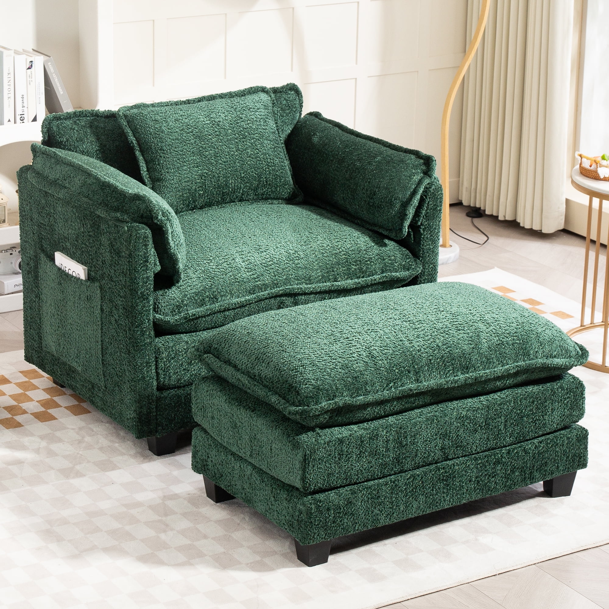 Miniyam 55" x 39.76" Premium Oversized Boucle Sofa Bed with Ottoman & Side Pocket, Single Sofa, Double Cushion & Thick Wrapping Armrests, Dark Green