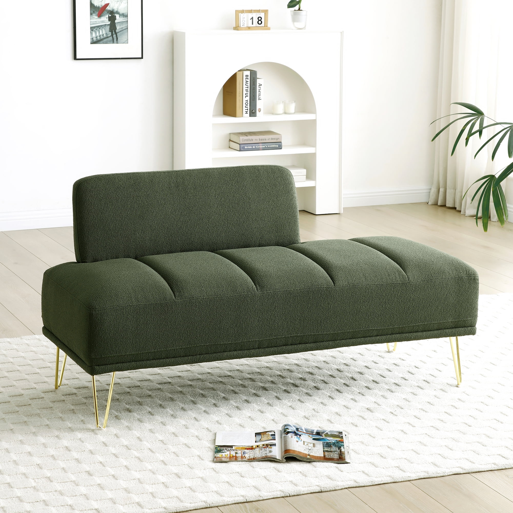 Miniyam 56.3"Modern End of Bed Bench,Teddy Fabric Upholstered 2 Seater Sofa Couch,Entryway Ottoman Bench,Green