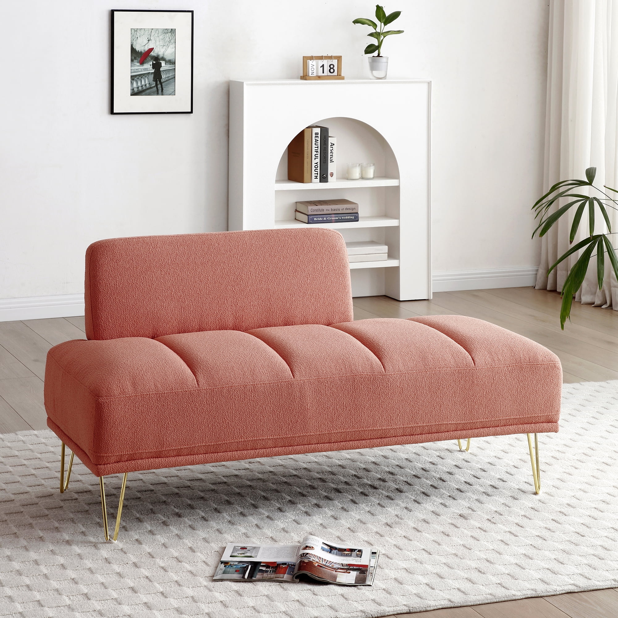 Miniyam 56.3"Modern End of Bed Bench,Teddy Fabric Upholstered 2 Seater Sofa Couch,Entryway Ottoman Bench,Pink