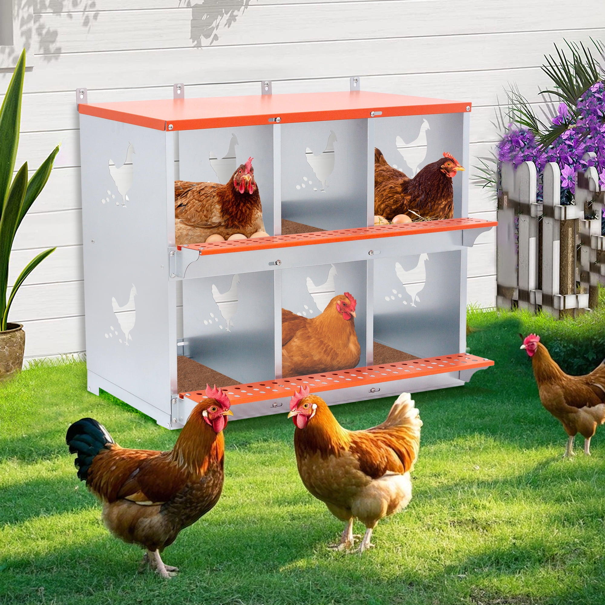 Miniyam 6-Bay Metal Nest Box-Wall Mount for Hens/Ducks, Easy Egg Collection & Assembly, Vented Galvanized Steel Coop Equipment Orange