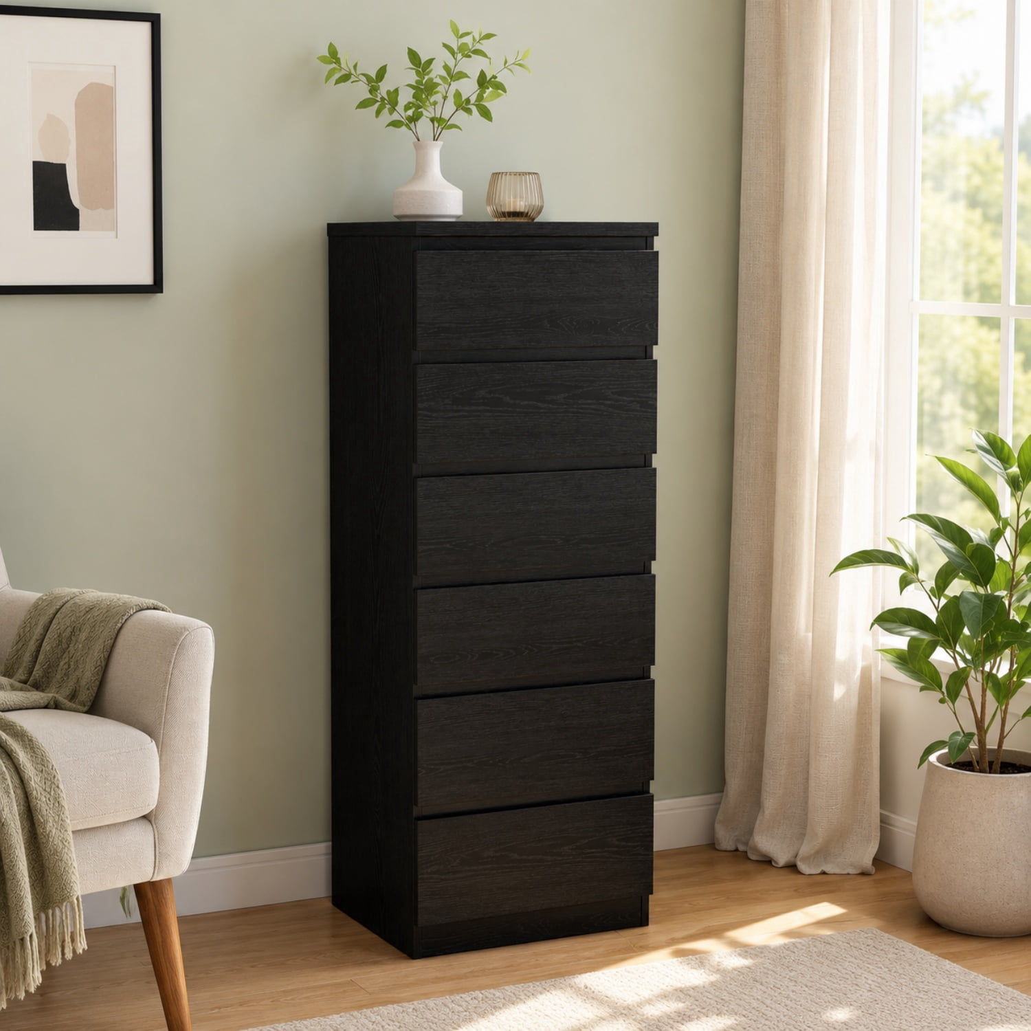 Miniyam 6 Drawer Dresser, Black Tall Dresser Chest of Drawers, Modern Handle-Free Storage Cabinet for Bedroom and Closet