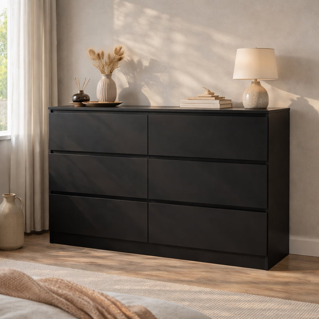 Miniyam 6 Drawer Dresser, Waterproof Wood Storage Cabinet, Modern Minimalist for Adults, Black