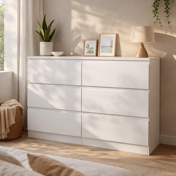 Miniyam 6 Drawer Dresser, Waterproof Wood Storage Cabinet, Modern Minimalist for Adults, White