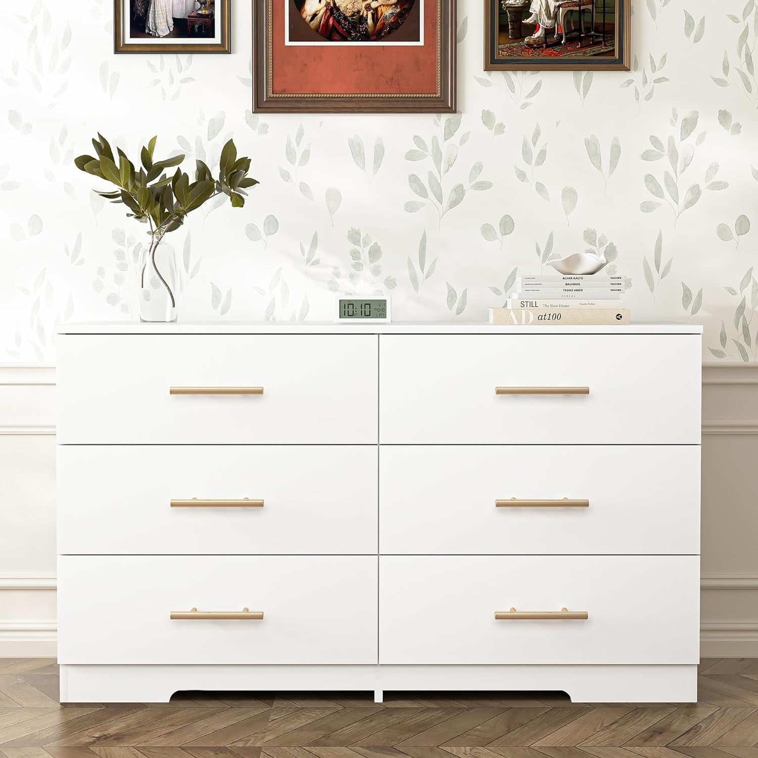 Miniyam 6-Drawer Dresser with Deep Drawers & Golden Handles for Adult  Bedroom, White