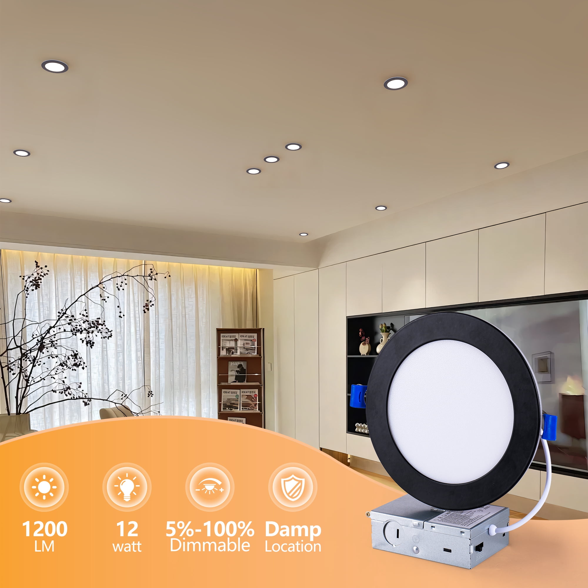 Miniyam 6 Pack 6" Black LED Recessed Light with Night Light, Dimmable, 2000K-5000K 6CCT, 1200LM 12W, Canless for Bedroom/Living Room/Kitchen