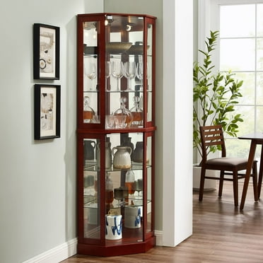 Miniyam 6 Shelf Corner Curio Display Cabinet with Lights, Glass Doors, Cherry