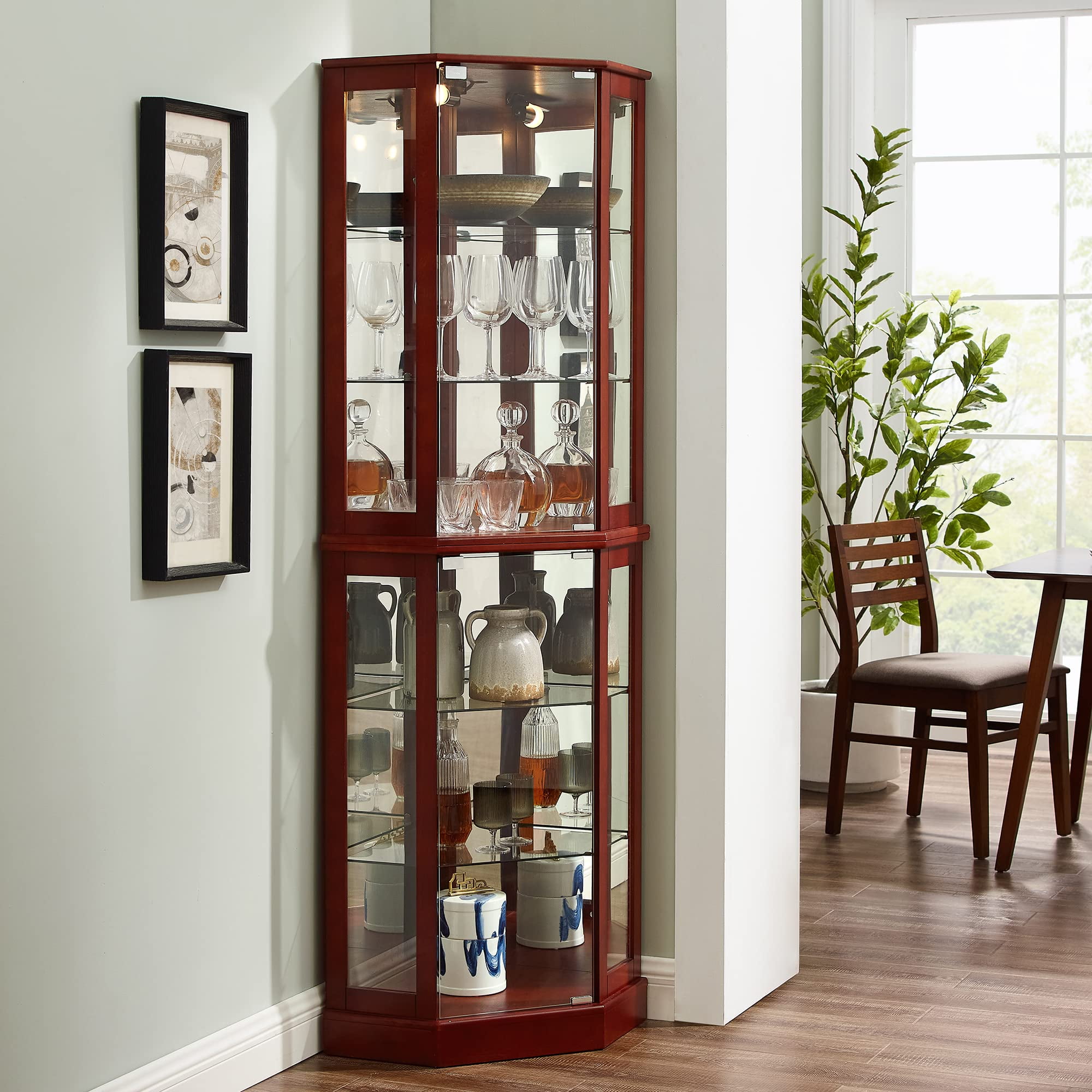 Miniyam 6 Shelf Corner Curio Display Cabinet with Lights, Glass Doors, Cherry