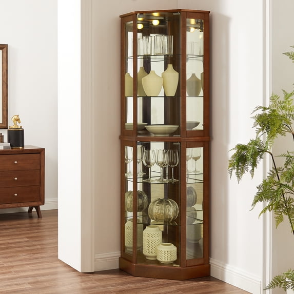 Miniyam 6 Shelf Corner Curio Display Cabinet with Lights, Glass Doors, Walnut