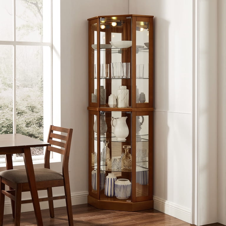 Miniyam 6 Shelf Corner Curio Display Cabinet with Lights, Glass