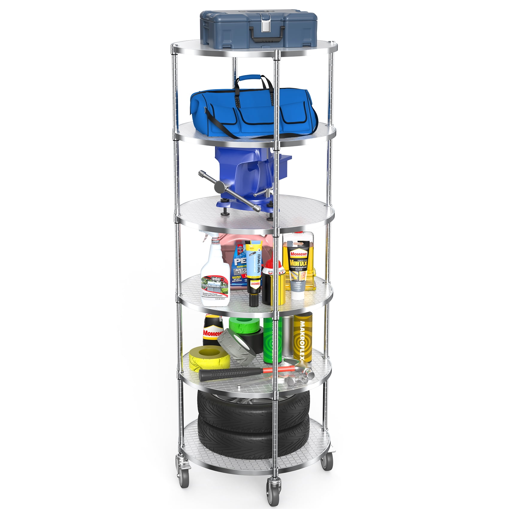 Miniyam 6-Tier Round Wire Shelving Unit with Wheels, Heavy-Duty Adjustable Storage Rack with Leveling feet, Chrome