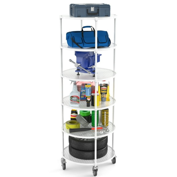 Miniyam 6-Tier Round Wire Shelving Unit with Wheels, Heavy-Duty Adjustable Storage Rack with Leveling feet, White