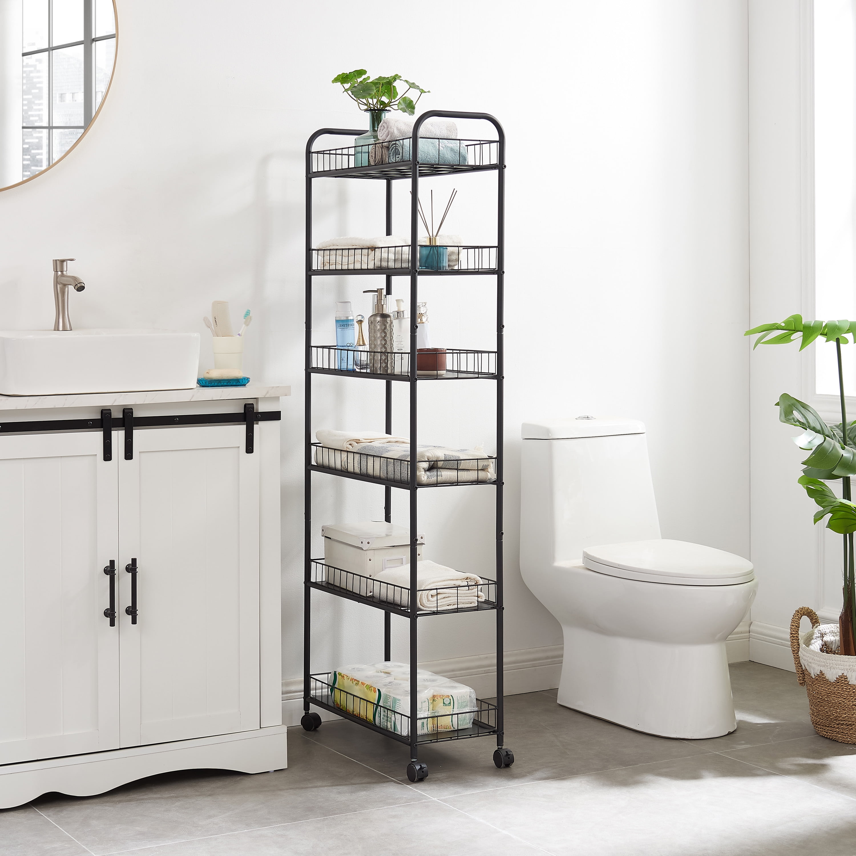 Miniyam 6-Tier Slim Rolling Cart,Narrow Slim Slide Out Storage Shelving Unit with Wheels,Kitchen,Bathroom,Garage,Laundry Room,10"D x 22.8"W x 61"H,Black