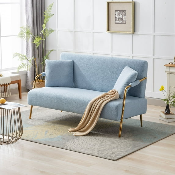 Miniyam 60" Small Modern Loveseat Couch Sofa, Teddy Velvet 2-Seat Sofa, Love Seat Furniture with 2 Pillows, Gold Leg for Living Room, Bedroom, Apartment, Blue